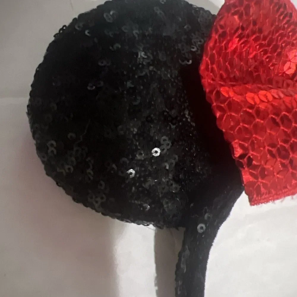 Disney Parks Black & Red Sequin Minnie Mouse Ears‎ Headband Bow Adult OS Mickey